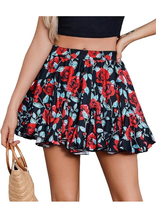 Fusta sport plisata, evazata pentru femei, talie elastica, neagra cu flori, Negru