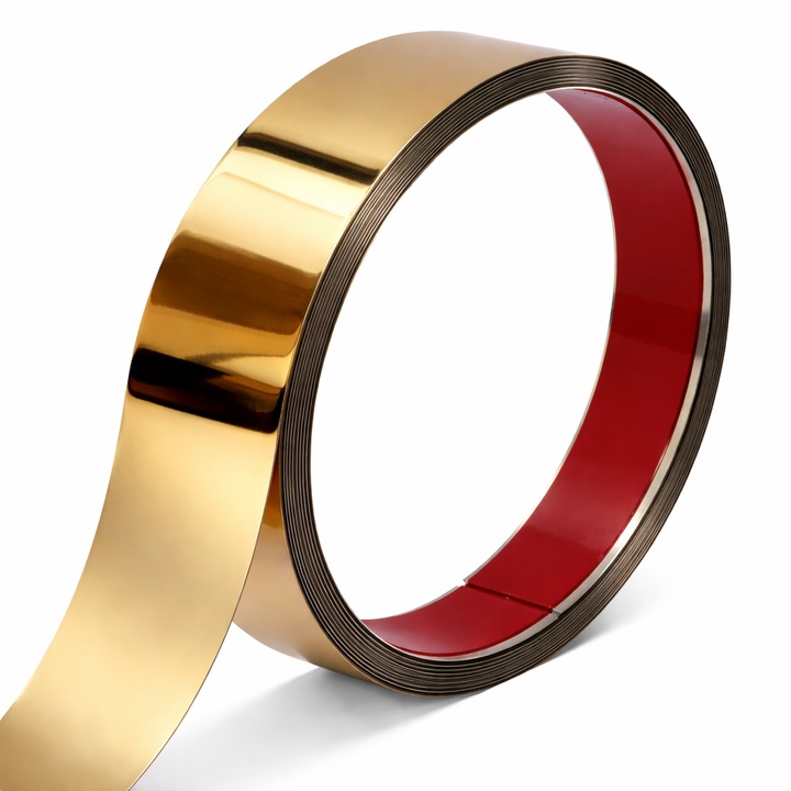 Banda Decorativa Autoadeziva Inox Gold 8K, 4 cm x 5 m, Otel Nichelat, Rezistenta la Apa, pentru Perete, Tavan si Mobilier