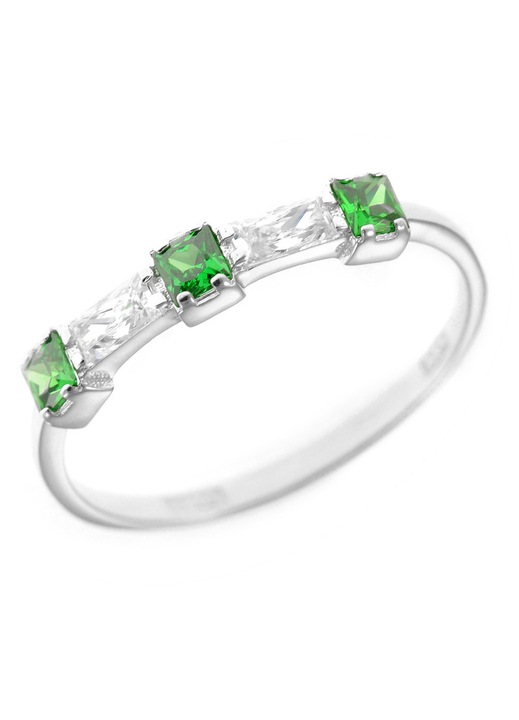 Inel dama, aur alb, verde/argintiu, cu pietre