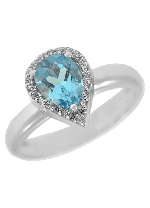 Inel dama, aur alb, cu pietre, albastru/argintiu