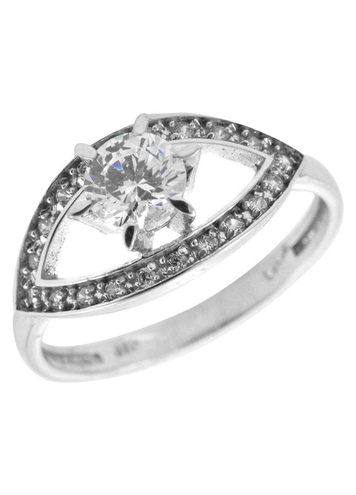 Inel de dama, aur 9k, cu pietre Zircon, alb