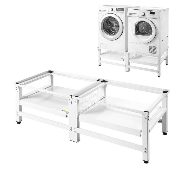 Piedestal pentru masina de spalat si uscator, Suport inaltator, Tava glisanta, Inaltime 35, 5 cm, Capacitate 318 kg, Picioare antiderapante, Otel rezistent, Set 2 bucati, Alb