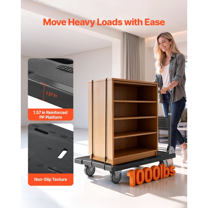 Платформена количка, Сгъваема количка за транспортиране на стоки, Капацитет 453,6 кг, Въртящи се колела, Сгъваема дръжка, Плоска платформа, Размери 89,5 x 59,5 x 85 см