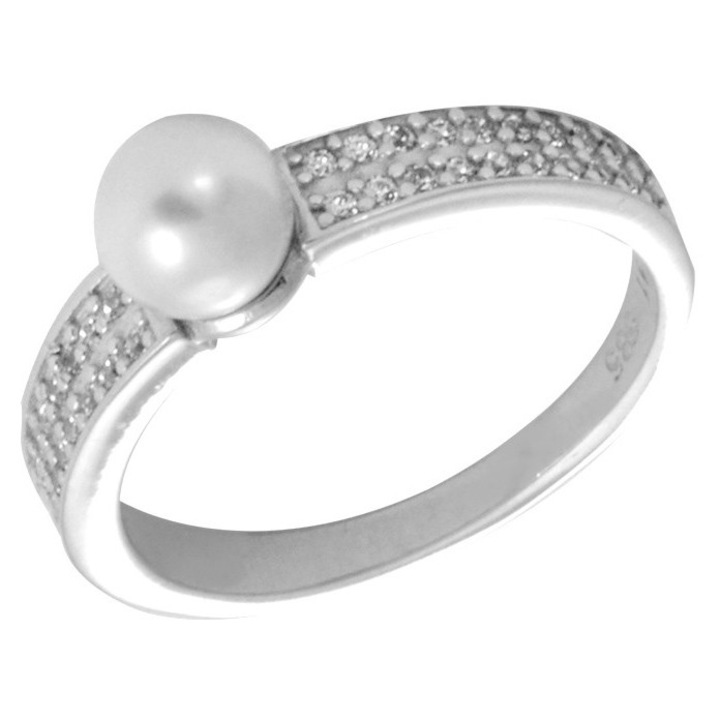 Inel de dama, aur 14k, pietre Zircon si perla alba