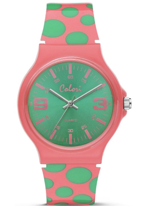 Ceas dama COLORI, rola roz, curea din cauciuc verde, set