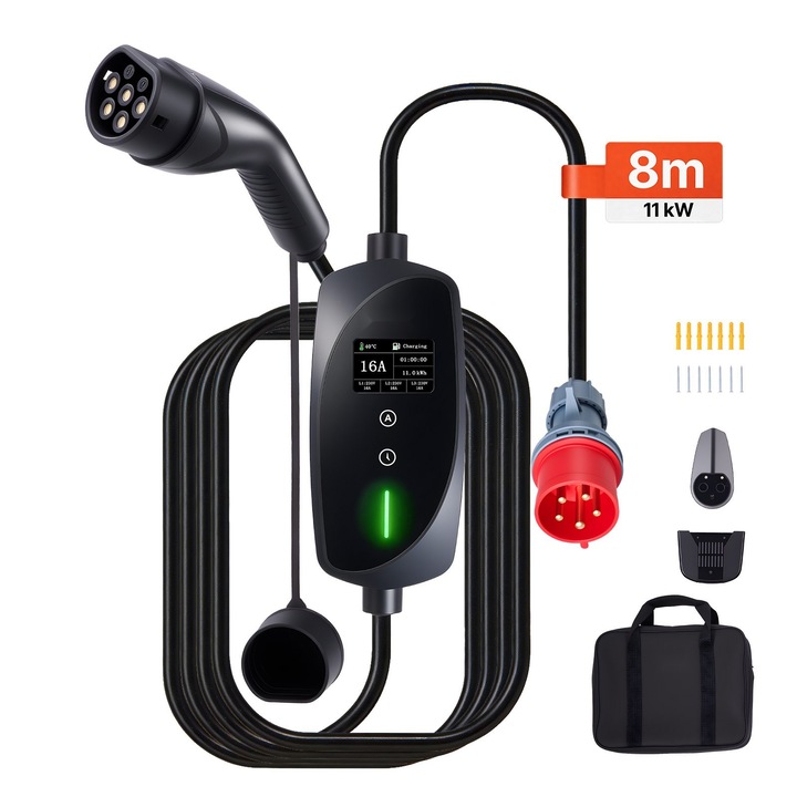 Incarcator portabil pentru vehicule electrice, Tip 2 Trifazic, Putere 11 kW 16 A, Cablu 8 m, Fisa CEE 16 A, Ecran LCD, Curent reglabil, Cutie de control IP66