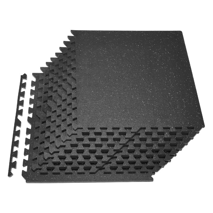 Fitness puzzle szőnyeg, 12 egymásba illeszthető EVA lap készlet, Méretek 61 x 61 x 1,4 cm, Nagy sűrűségű EVA, Otthoni edzőterem/iroda padlóvédelme, Csúszásmentes, Szürke pontokkal