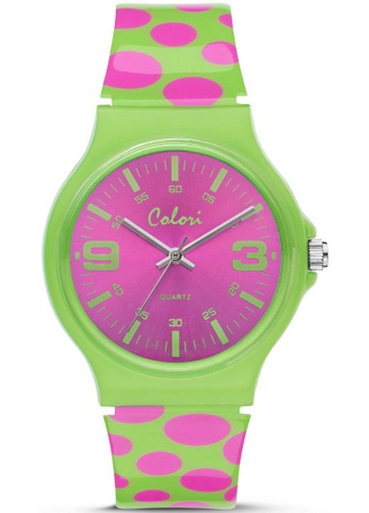 Ceas dama COLORI, rola roz si verde, curea din cauciuc