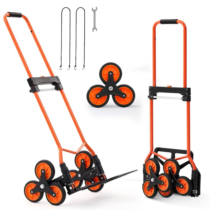 Количка за качване по стълби, Сгъваема ръчна количка с 6 колела, Капацитет 54 кг, Телескопична дръжка, Включени две еластични въжета, Компактна и преносима