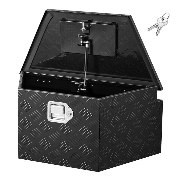 Cutie pentru timona de remorca, Cutie scule si depozitare din aluminiu, Dimensiuni 660x330x305 mm, Incuietoare cu chei, Constructie robusta, Pentru pickup, SUV, rulota, Negru