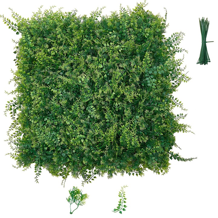 Perete vegetal artificial buxus, Set 12 panouri 50, 8 x 50, 8 cm, Rezistent la UV, Gard viu pentru intimitate, Pentru interior si exterior, Fundal nunta, Verde
