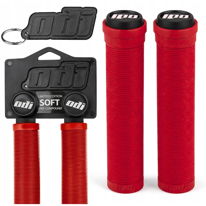 Manere pentru bicicleta, Odi, Soft Longneck Grip, Universale, 2 manere + breloc, Cauciuc, Rosu, Antiderapant, Calitate inalta, Moale si confortabil, Suprafata striata, Compatibil cu majoritatea ghidonurilor de