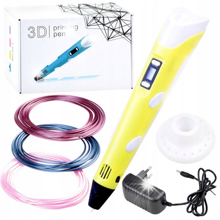 3D toll szett, ZA3932, sárga, 19cm, USB töltővel és 6m PCL filamenttel