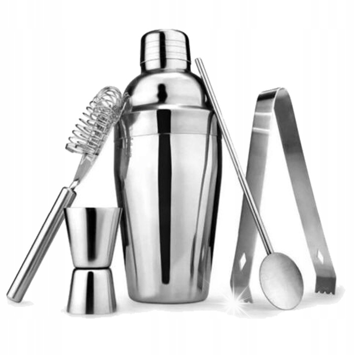 Комплект за бармани от 5 части, шейкър, лъжица, мерителна чаша, щипка за лед, цедка, неръждаема стомана, сребрист, 550 мл