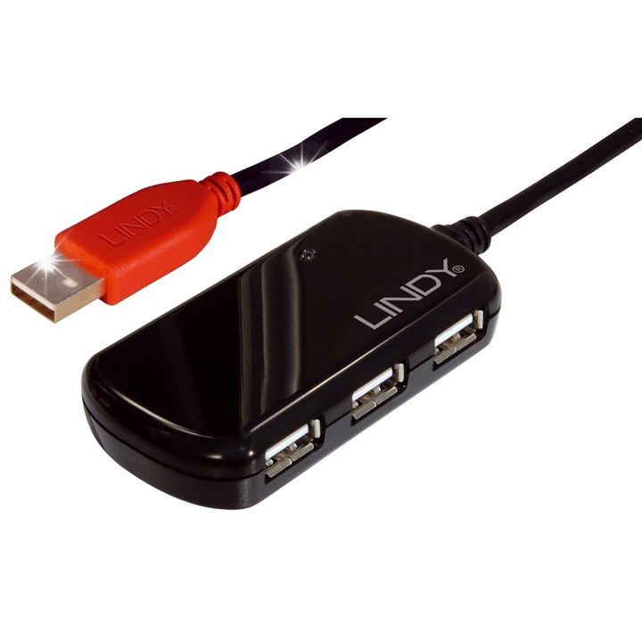 HUB USB 2.0 Lindy 12m cu 4 porturi, negru