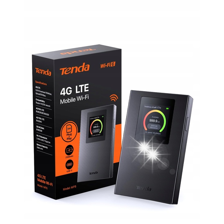 Tenda 4G185 mobil LTE router, Wi-Fi 150 Mb/s, 2100 mAh akkumulátor, fekete, 96,6x58x16mm