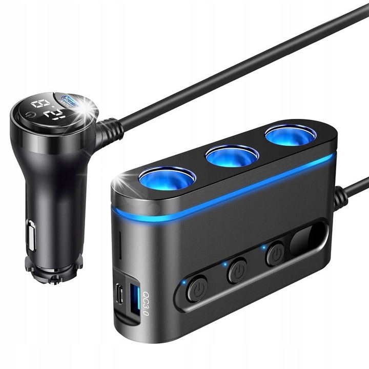 Autós töltő 3 szivargyújtó aljzattal + 2 USB-C + USB, feszültségfigyelővel, 12-24V, 1m