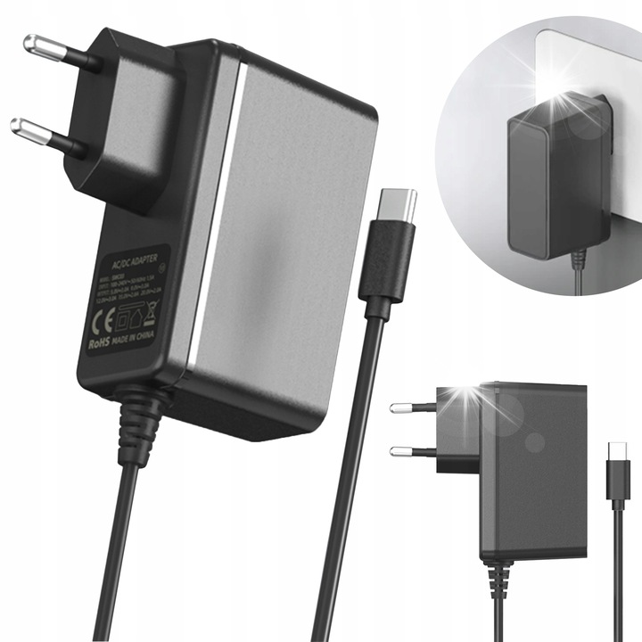 Универсално зарядно устройство за конзоли Nintendo Switch, OLED, Lite, USB-C, 5V/2,4A, комплект със захранващ кабел EU/US
