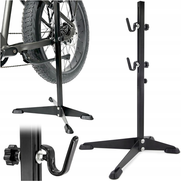 Suport reparatii biciclete Gearox, reglabil, negru, otel vopsit in camp electrostatic, carlige din cauciuc, picioare antiderapante, inaltime 69cm, latime 50cm, pentru depozitarea si intretinerea bicicletelor, solid si