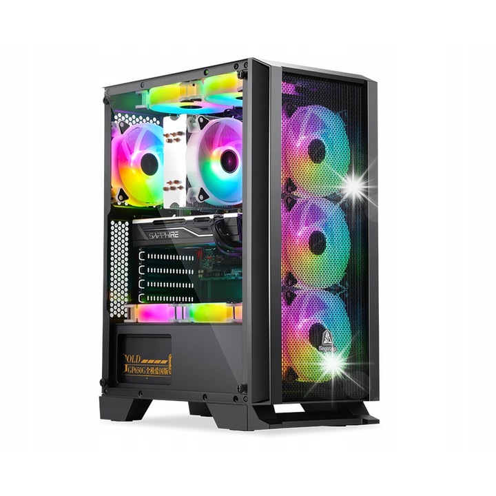 Carcasa Shobo SH4F RGB Midi Tower, 4 ventilatoare RGB, sticla securizata, neagra, 386x204x448mm