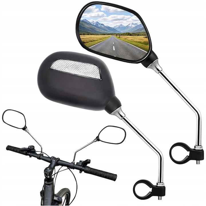 Oglinzi retrovizoare pentru bicicleta, Gearox, Set de 2, 11cm x 7.5cm, Pivotante, Cu reflector, Negre, Setul include: 2 oglinzi (stanga si dreapta), Material: plastic, Nou, Original, Uz