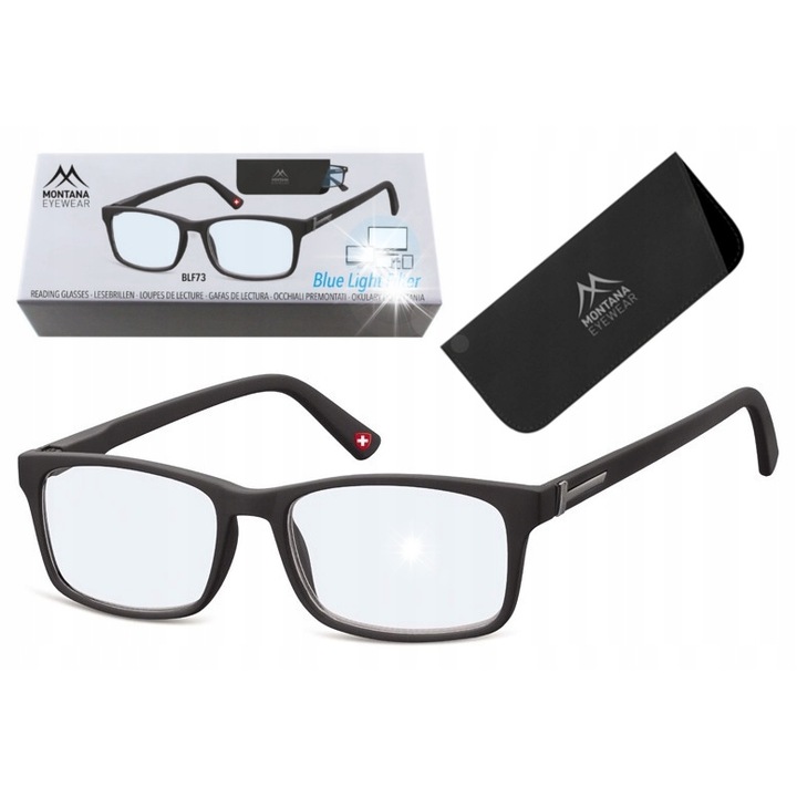 Ochelari de vedere Montana, optiuni de putere 0, +1, +1.5, +2, +2.5, +3, +3.5, cu filtru de lumina albastra, negri, mat, set cu etui si stergator