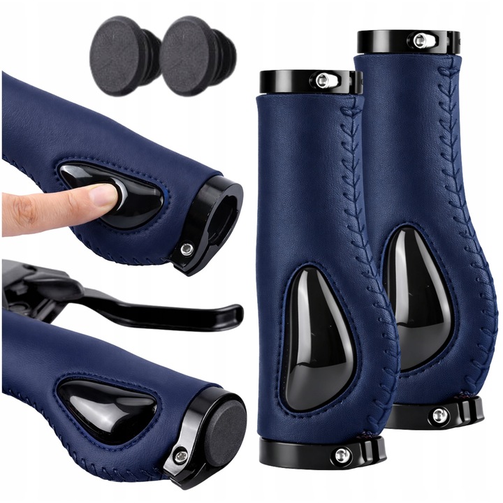 Manere pentru bicicleta, Gearox, ergonomice, albastre, amortizoare, perna pentru incheietura mainii, antiderapanta, piele ecologica, asamblare usoara, latime 3 cm, lungime 13