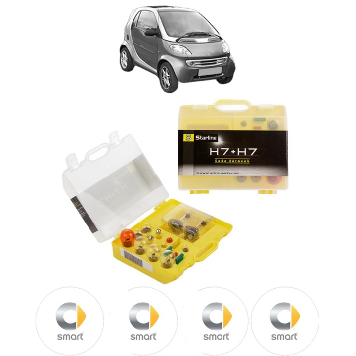 Kit trusa Set becuri H7 compatibila cu SMART FORTWO Coupe (450) din 2004-2007, bec far, semnalizare, pozitie, iluminare numar, frana, plafoniera, stop frana