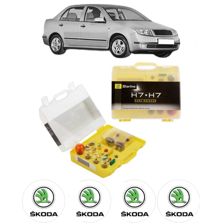 Kit trusa Set becuri H7 compatibila cu SKODA FABIA I Saloon (6Y3) din 1999-2007, bec far, semnalizare, pozitie, iluminare numar, frana, plafoniera, stop frana
