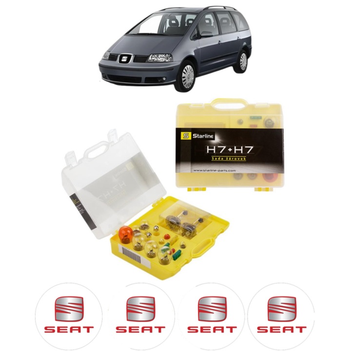Kit trusa Set becuri H7 compatibila cu SEAT ALHAMBRA (7V8, 7V9) din 1996-2010, bec far, semnalizare, pozitie, iluminare numar, frana, plafoniera, stop frana