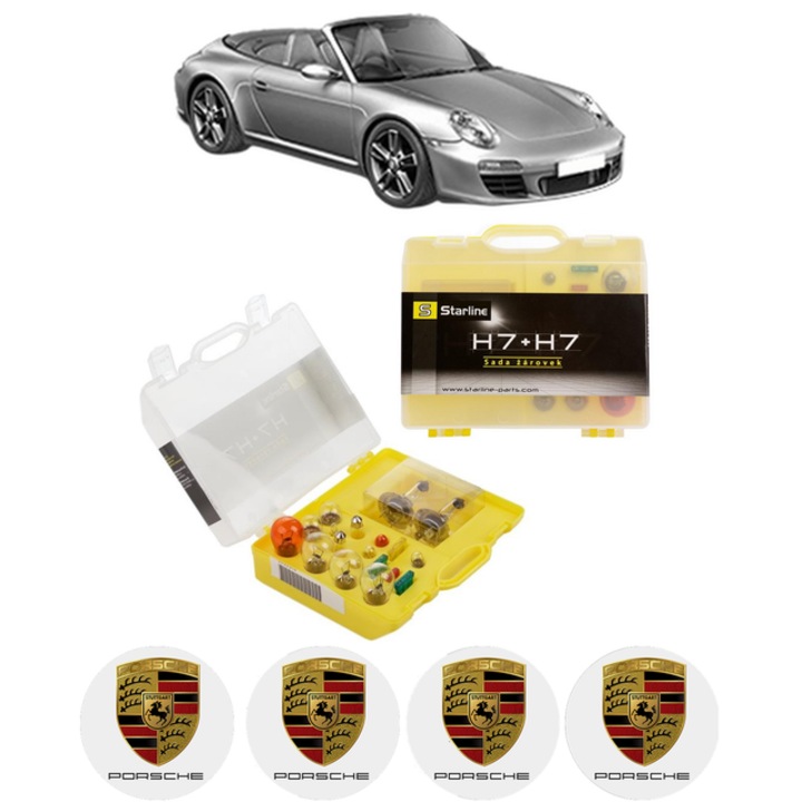 Kit trusa Set becuri H7 compatibila cu PORSCHE 911 Convertible (997) din 2005-2009, bec far, semnalizare, pozitie, iluminare numar, frana, plafoniera, stop frana