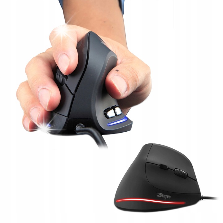 Вертикална мишка ZELOTES T20, оптична, RGB осветление, 1200-3200 DPI, 110x72x75mm, пълен комплект