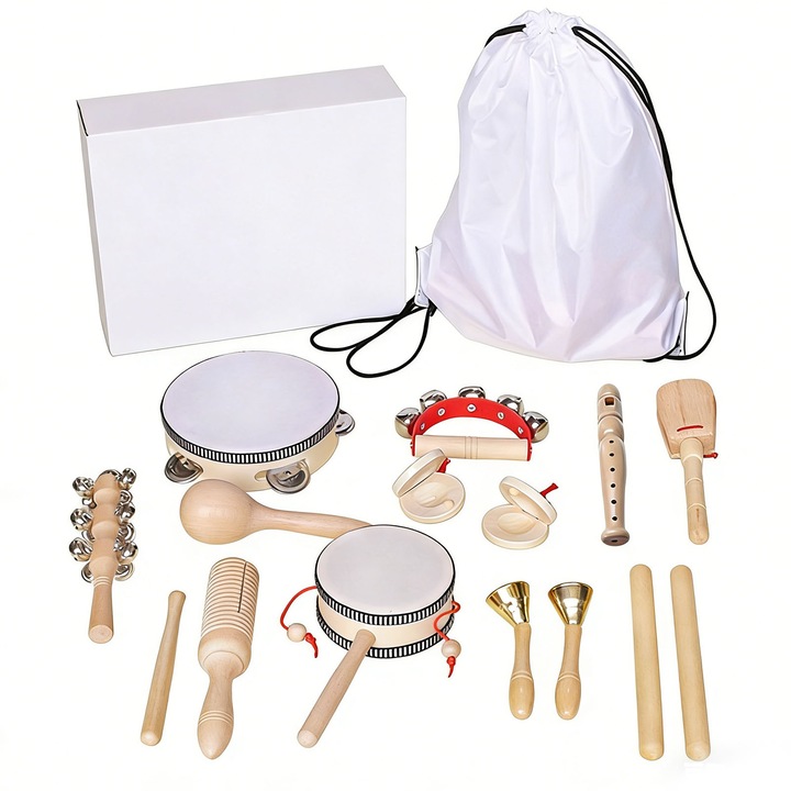 Set 16 instrumente muzicale din lemn pentru copii, AFKSMILE, Instrumente de percutie, Instrument muzical, Jucarii educationale + 3 ani, Cu geanta de transport, Pentru prescolari, setul de muzica educationala pentru baieti si fete, Lemn natural, Maro