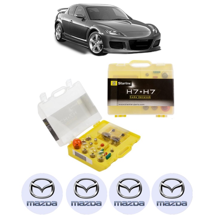 Kit trusa Set becuri H7 compatibila cu MAZDA RX-8 (SE, FE) din 2003-2012, bec far, semnalizare, pozitie, iluminare numar, frana, plafoniera, stop frana