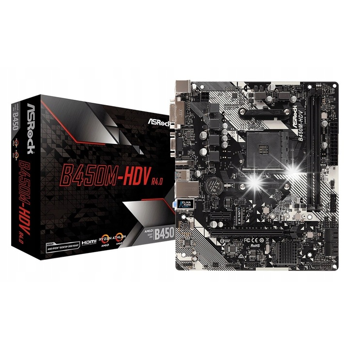 Placa de baza B450M-HDV R4.0, Socket AM4, 2 sloturi DDR4, 6 porturi USB 3.0, 32 GB, micro ATX