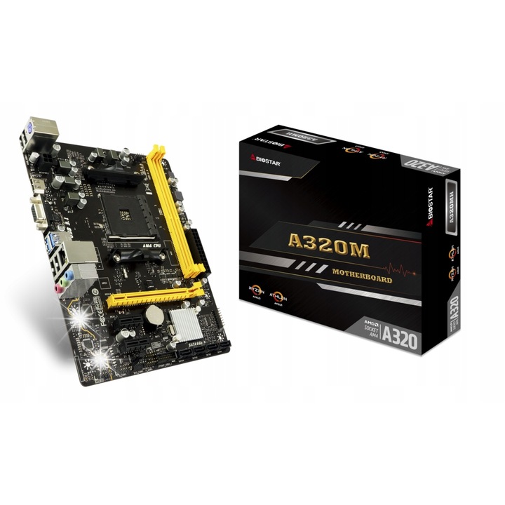 Placa de baza Biostar A320, procesor Athlon 200GE 3.2 GHz, 2 nuclee, 4 fire, 32 GB DDR4, PCI Express x16, LAN 10/100/1000