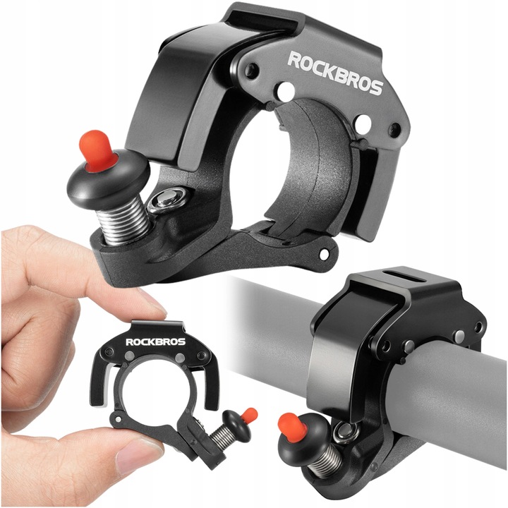 Rockbros kerékpárcsengő, mechanikus, fekete, 100 db, erős hang, alumínium konstrukció, univerzális rögzítés, pontos rugós mechanizmus, modern felni kialakítás, tartós, könnyű, korrózióálló, rögzítés
