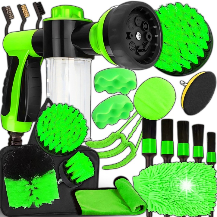 Комплект за детайлно почистване на автомобил, 21 елемента, различни аксесоари, компактен, с пяна