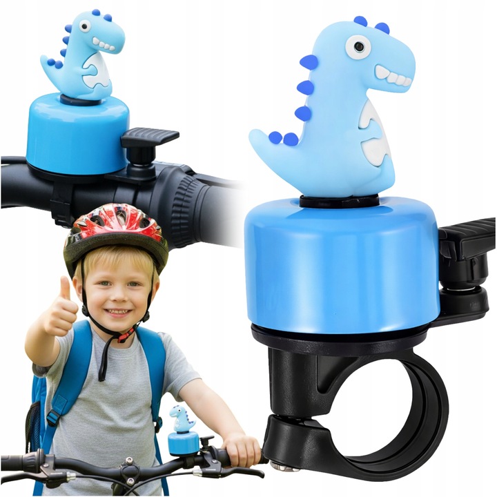 Sonerie bicicleta pentru copii, Gearox, dinozaur, albastru, 120db, mecanica, utilizare universala, asamblare usoara, design vesel, plastic durabil, sigura, originala