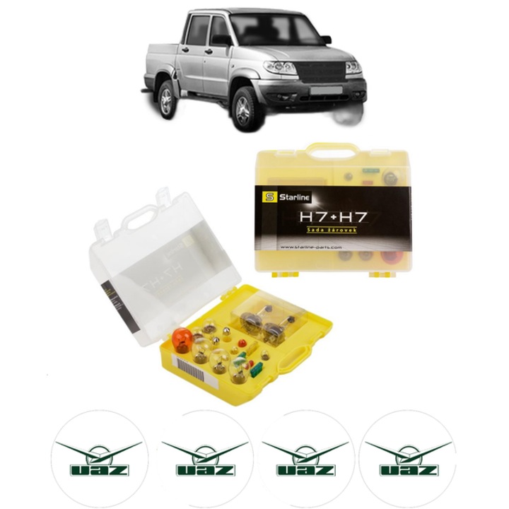 Kit trusa Set becuri H7 compatibila cu UAZ CARGO (23602) din 2008-2017, bec far, semnalizare, pozitie, iluminare numar, frana, plafoniera, stop frana