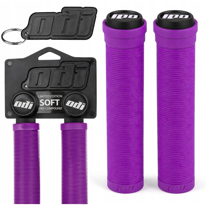 Ръкохватки за велосипед, ODI, Soft Longneck Grip, универсален размер, 2 броя, противоплъзгащи, меки, гъвкави, лилави, комплектът включва ключодържател, гума, висококачествена изработка, вълнообразна повърхност, устойчиви