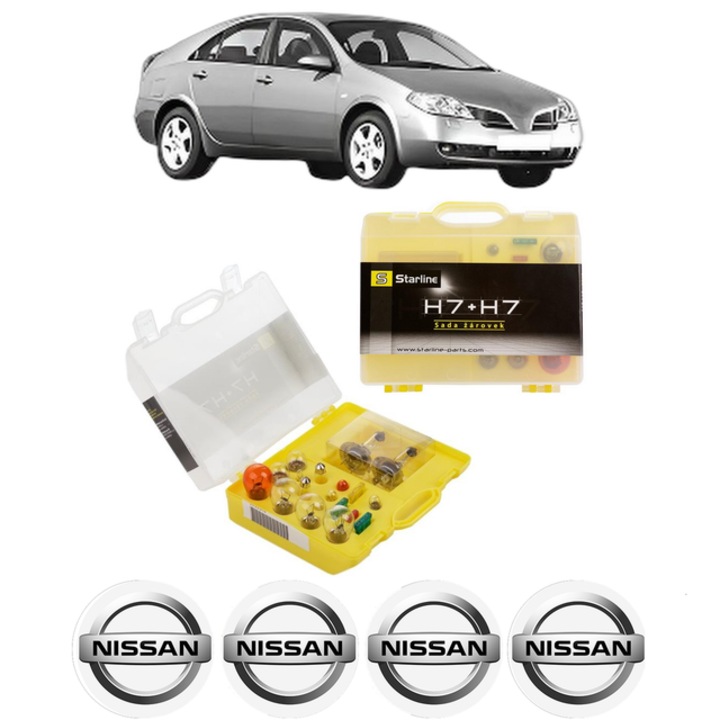 Kit trusa Set becuri H7 compatibila cu NISSAN PRIMERA (P12) din 2002-2008, bec far, semnalizare, pozitie, iluminare numar, frana, plafoniera, stop frana