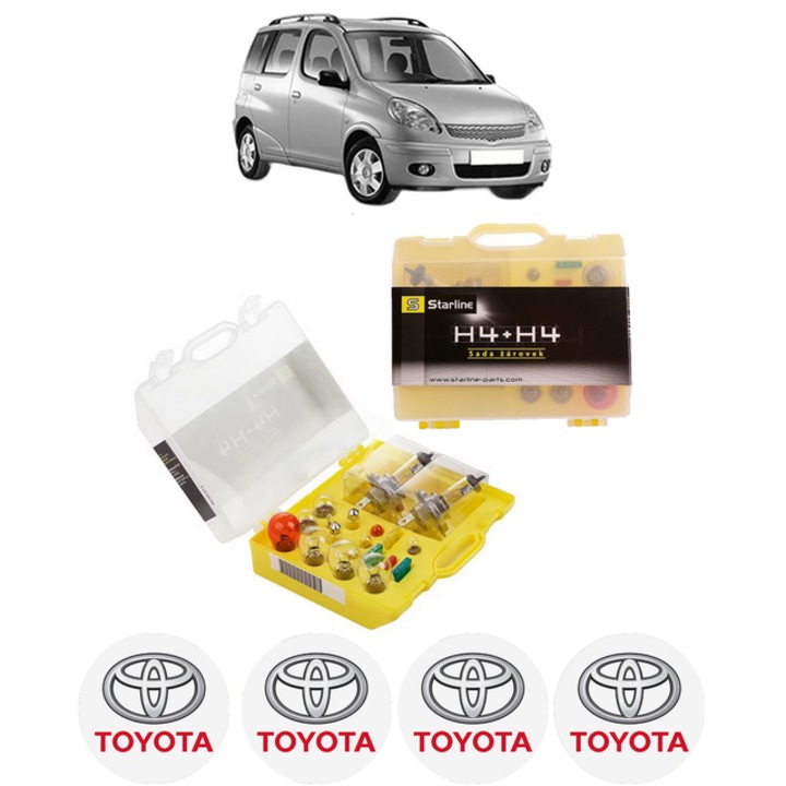 Kit trusa Set becuri H4 compatibila cu TOYOTA YARIS VERSO (_P2_) din 1999-2005, bec far, semnalizare, pozitie, iluminare numar, frana, plafoniera, stop frana