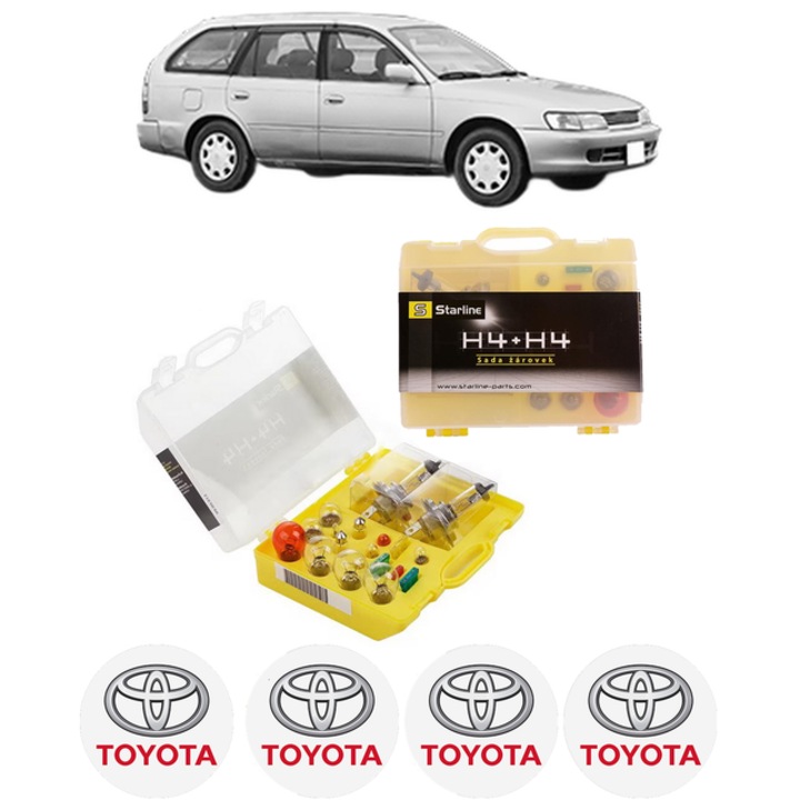 Kit trusa Set becuri H4 compatibila cu TOYOTA COROLLA Estate (_E10_) din 1992-1997, bec far, semnalizare, pozitie, iluminare numar, frana, plafoniera, stop frana