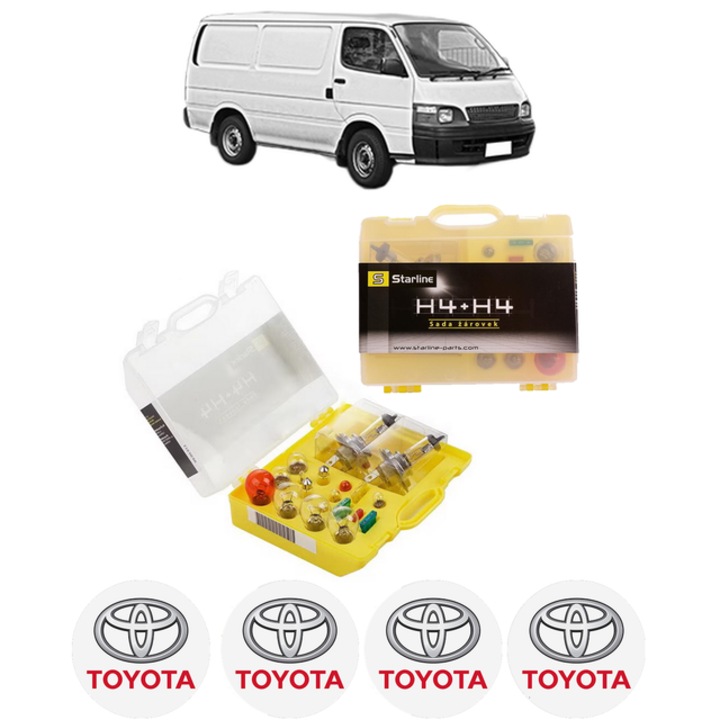 Kit trusa Set becuri H4 compatibila cu TOYOTA HIACE IV Van (__H1_, __H2_) din 1995-2012, bec far, semnalizare, pozitie, iluminare numar, frana, plafoniera, stop frana
