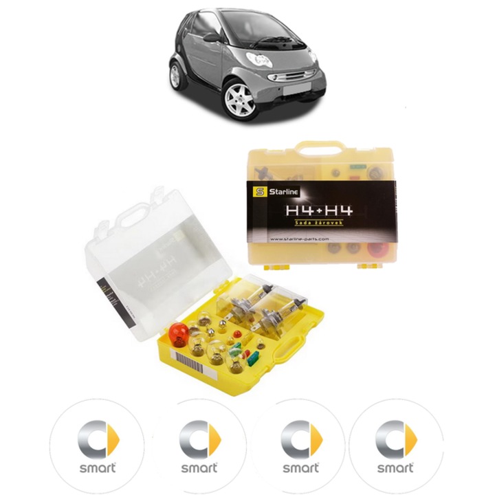 Kit trusa Set becuri H4 compatibila cu SMART CITY-COUPE (450) din 1998-2004, bec far, semnalizare, pozitie, iluminare numar, frana, plafoniera, stop frana