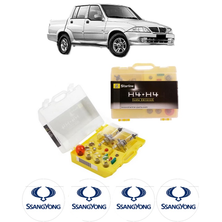 Kit trusa Set becuri H4 compatibila cu SSANGYONG MUSSO SPORTS din 2004, bec far, semnalizare, pozitie, iluminare numar, frana, plafoniera, stop frana