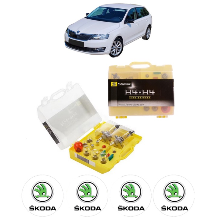 Kit trusa Set becuri H4 compatibila cu SKODA RAPID (NA2) din 2011-2013, bec far, semnalizare, pozitie, iluminare numar, frana, plafoniera, stop frana