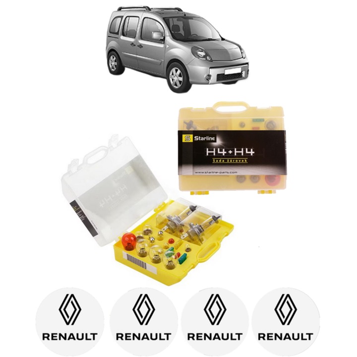 Kit trusa Set becuri H4 compatibila cu RENAULT KANGOO / GRAND KANGOO II (KW0/1_) din 2008-2019, bec far, semnalizare, pozitie, iluminare numar, frana, plafoniera, stop frana