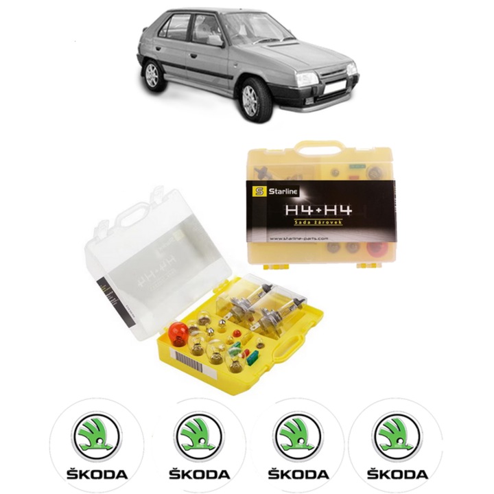Kit trusa Set becuri H4 compatibila cu SKODA FAVORIT (781) din 1989-1994, bec far, semnalizare, pozitie, iluminare numar, frana, plafoniera, stop frana